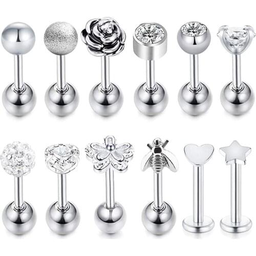 8-12 Pcs Earrings Cartilage Tragus 16G Surgical Steel with CZ Rook Hoop Helix Conch Snug Daith Studs Piercing for WomenMen