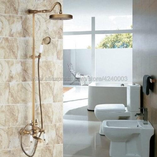 Antique Brass Bathroom Shower Set Faucet with Hand Sprayer Dual Handles Bathtub Mixer Tap Krs120