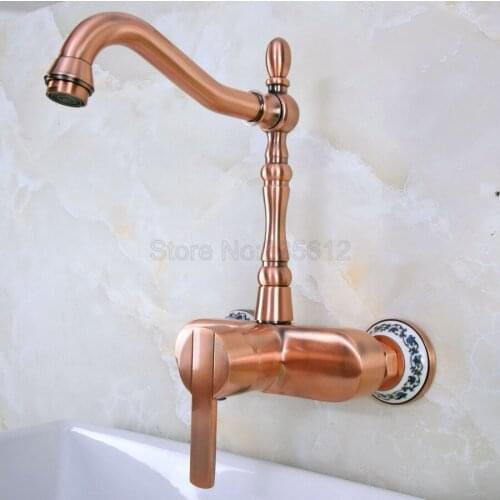 Antique Red Copper Antique Red Copper Antique Wall Mounted Swivel Spout Bathroom Sink Faucet Single Handle Mixer Tap Wall tnf938