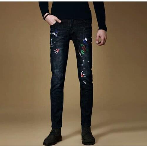 Free Shipping New 2020 mens male Spring embroidered slim street hip hop embroidery national jeans pants Korean denim trousers