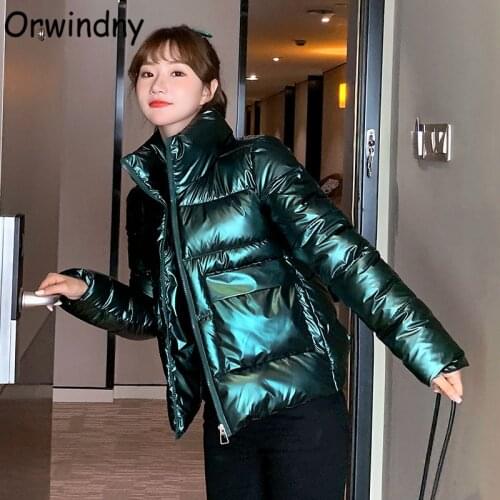 Orwindny Glossy Winter Jackets Women Short Warm Coat Windproof Mandarin Collar Cotton Padded Clothing Students Fashion Parkas