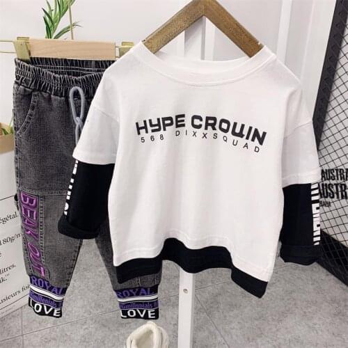 Spring Autumn baby boys suit clothes sets for boy Fake two T-shirts and jeans 2pcs outfits casual Children Clothes Set