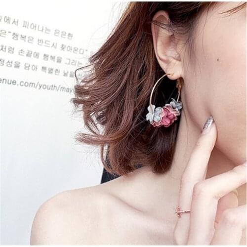 Geometric Round Multi Color Flowers Gold Color Zinc Alloy Trendy Romantic Big Hoop Earrings