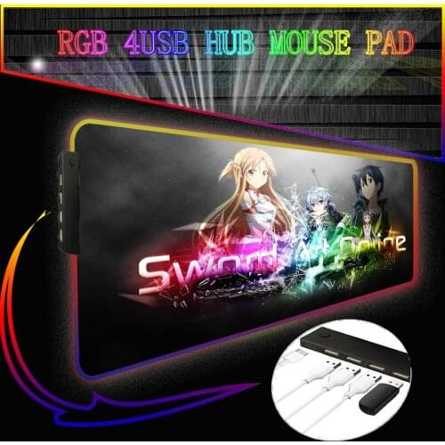 Genshin Impact Art Online Anime RGB 4 Port USB Hub Mouse Pad Gamer Computer Mousepad RGB Backlit Mause Pad XXL for Desk Keyboard
