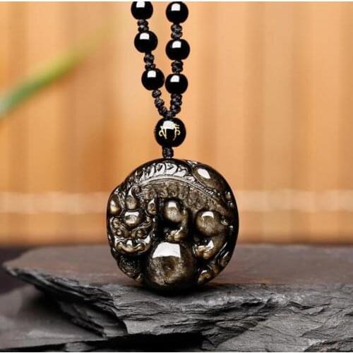 Koraba Fine Jewelry Unique Natural Gold Obsidian Black Jade Pendant Chinese Dragon Pixiu Amulet Free Shipping