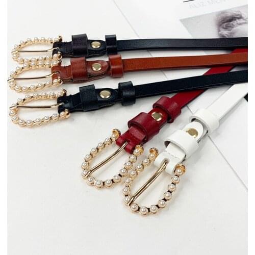Leather belt women waist luxury black red belts for jeans dresses woman pearl studded buckle girls ladies fashion decorative