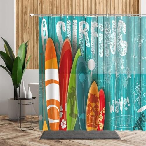 Summer Fashion Shower Curtain Surf Board Pattern Bathroom Decors 3D Fresh Wood Stripes Backdrop Waterproof Creative Curtains Set