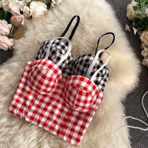 Fashion outer wear camisole womens three-dimensional gathered chest wrap underwear retro plaid short tops trendy