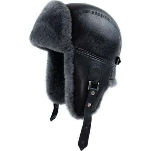 Gray Lamb Furry Male Pilot Leather Hat-Russian Ushanka Leather Hat