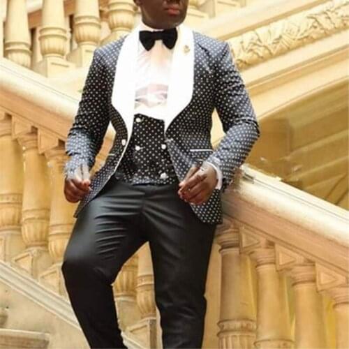 New Arrival Mens Suits Groomsmen White Lapel Tuxedos Groom Black Dot Wedding Best Man Men Suit Married Jacket + Pants + Vest