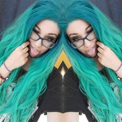 Ombre Green Lace Front Wigs for Women 2 Tones Synthetic Wig with Dark Roots Natural Hairline High Quality Wig Costume Anime