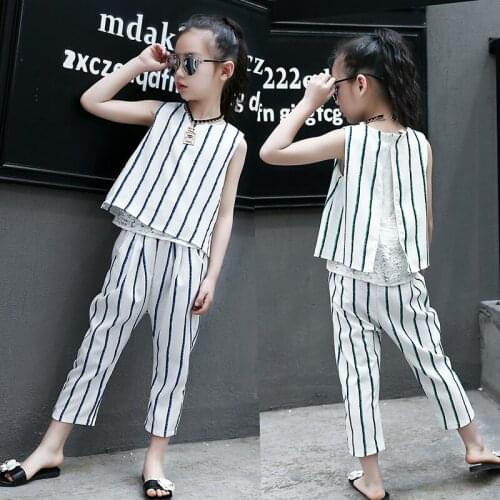 Weixu Little Girl Summer Clothing Set Kids Outfits Striped Sleeveless Vest Tops pant Suits Teenage Clothes for Girls 8 12 Years