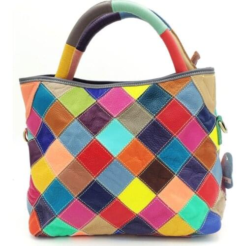 Grid Patchwork Soft Genuine Leather Women Shoulder Bag Cow Leather Casual Female Totes Bag Classic Cowhide Cross-body Bag