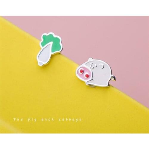 Season Gate 925 Sterling Silver Creative Cute Sweet Asymmetric Cabbage Pig Fashion Earrings for Women Girls Jewelry Gift SE061
