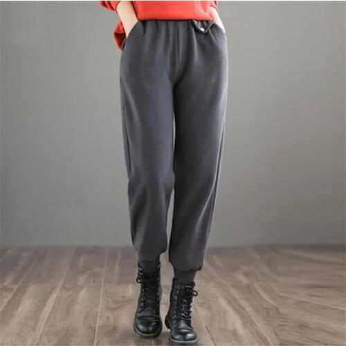 Womens pants New 2021 Winter Casual Solid High Waist Thicken Warm Elastic Bottoms Trousers Straight Long Harem pants Female