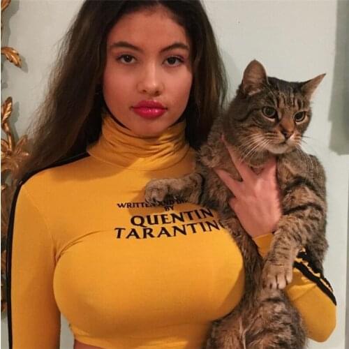 2021 Fashion Quentin Tarantino Sexy Crop Tops Women Side Stripe Long Sleeve Turtleneck Cotton Knitted Short tshirt Lady