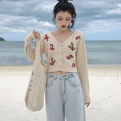 Women Retro Crochet Sweater Autumn Apricot Embroidery Floral Pattern Knit Cardigan