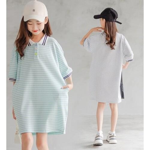 White Green Striped Dresses For Kids Long Polo Shirts Dress Baby Big Girls Cotton Short Sleeve Summer Dresses Children Clothing