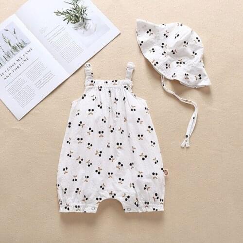 New Toddler Kids Baby Girl Clothes Summer Strap Romper Princess Cotton Cherry Jumpsuit Outfit 2PCS Sets Lovely Rompers+hat 3-18M