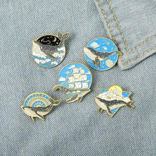 Fashion New Cartoon Animal Whale Brooch Creative Sailboat Planet Wave Alloy Badge Personality All-match Clothing Accessories