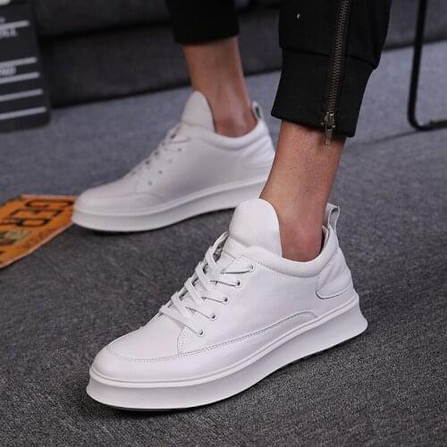 Korean style mens casual shoes black white genuine leather flats shoe young teenage streetwear platform sneakers lace-up zapato