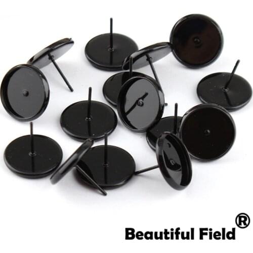 20pcs Fit 12mm Cabochons Earrings Base Ear Setting Colorful Plated Round Cameo Base Blank Black With Plug