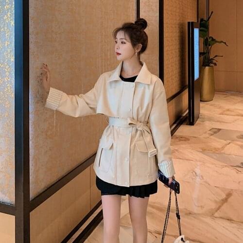 Jackets for Women Fashion Korean Splice Stripe Beige PU Leather Jacket with Belt Female Streetwear Moto Biker Coat Outerwear