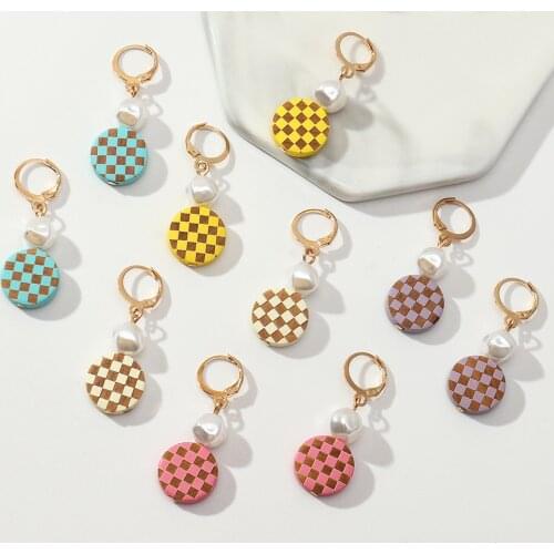 Fashion Geometric Earrings Womens Vintage Circular Grid Temperament Pearl Acrylic Blue Pink Yellow Earrings Jewelry for Girls