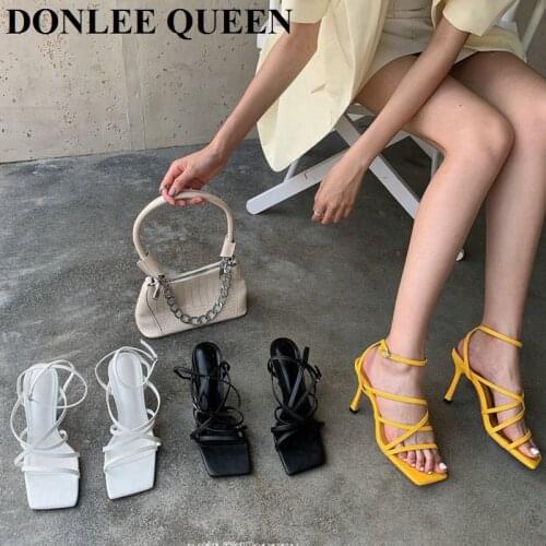 2021 New Fashion Brand Sandals Women High Heel Ankle Strap Gladiaror Sandal Shoes Narrow Band Back Strap Sandalias Zapatos Mujer