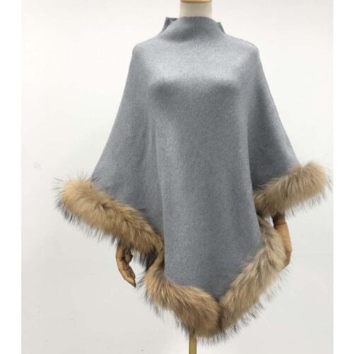 New Women Fashion Capes Real Raccoon Fur Hem Shawl Women Poncho High Quality Wool Coat