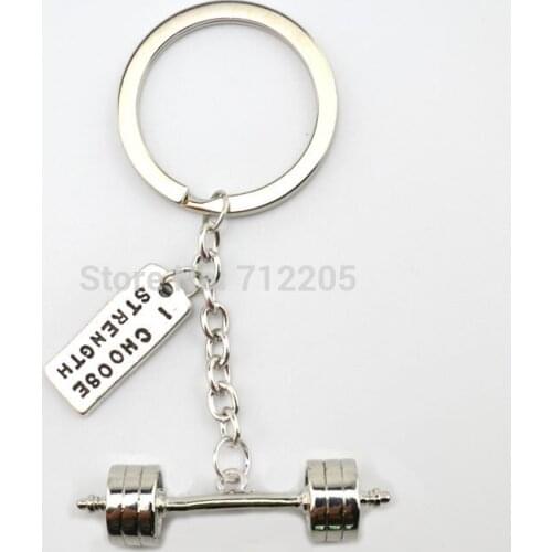 New Arrival Fitness Gym jewelry 20pcs a lot rhodium Weightlifting barbell with I Choose Strength Key chain(K110)