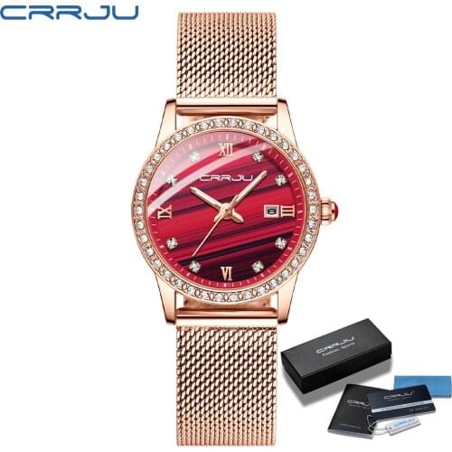 New Women CRRJU Fashion Casual Red Diamond Watches Ladies Beauty Elegant Crystal Waterproof Quartz Mesh Watches Zegarek Damski