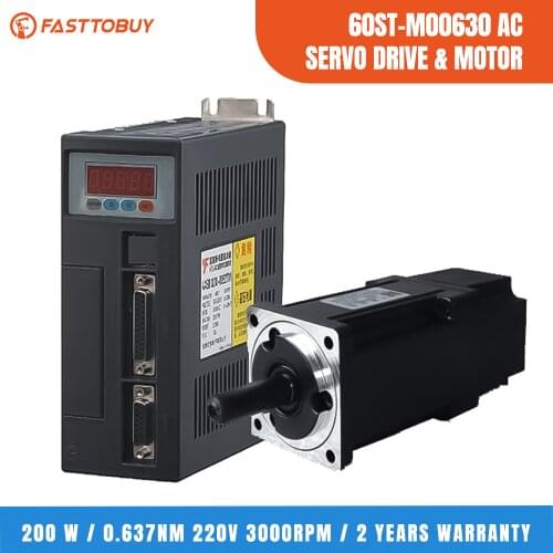 200W 60mm NEMA24 CNC Servo Motor+Driver kits ,60ST-M00630 0.64Nm 220VAC 3000r/min 0.2Kw for CNC Machining with 2 Years Warranty