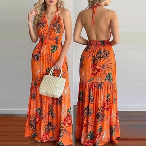 French Retro Printed Elegan Wtomen Dress Floral Print Halter Summer Backless Large Hem Dress for Beach Ladies Dress