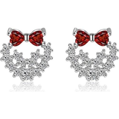 Pretty Women/Girls/Children Love Heart Earrings/Stud Red Bow Pretty Design Good Gift For 925 Sterling Silver Wholesale