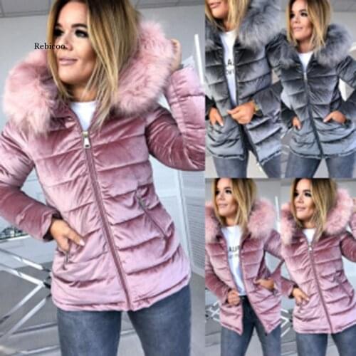 Warm Solid Pink Fur Collar Winter Coat Women Quilted Cropped Jacket Cotton Velvet Parkas Plus Size Clothes Coats Abrigos