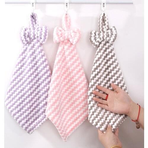 Cute Bowknot Coral Velvet Hand Towel Soft Comforting Dishcloths Hanging Absorbent Cloth Kitchen Bathroom Accessories