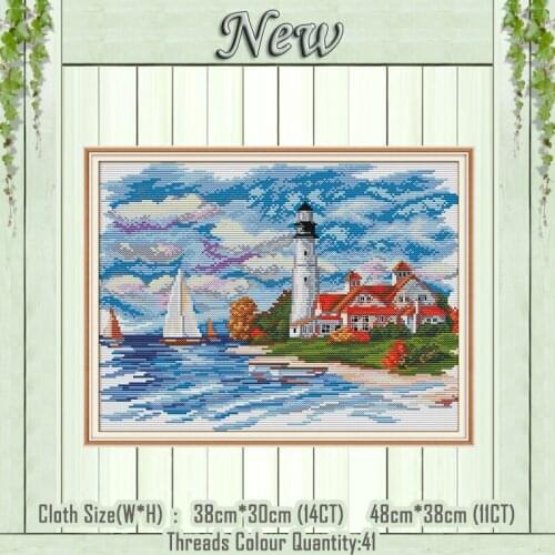 The seaside lighthouse scenery diy painting counted print on the canvas DMC 11CT 14CT kit Cross Stitch embroidery needlework Set
