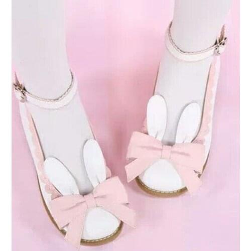 Japanese tea party sweet lolita shoes vintage round head flat heel women shoes cute lace bowknot kawaii rabbit shoes loli cos