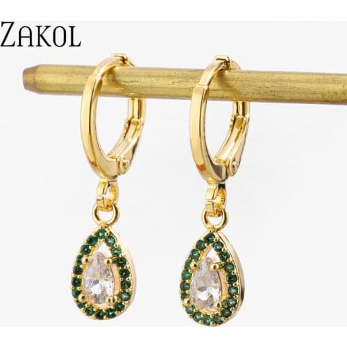 ZAKOL Fashion Gold-plated Water Drop Cubic Zirconia Dangle Earrings Green Small CZ Cute Hoop Earrings Party Jewelry for Women