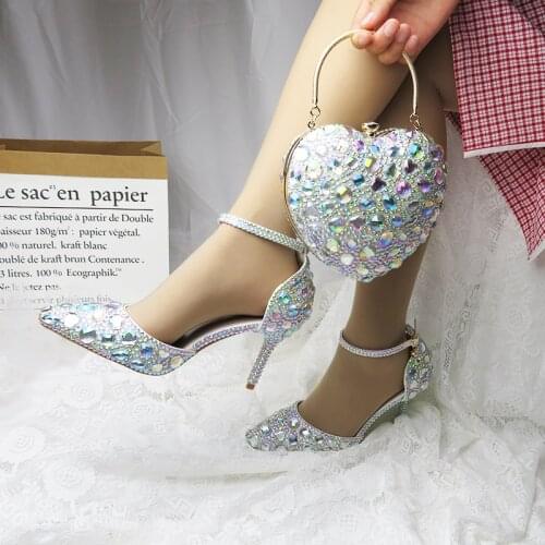 BaoYaFang AB crystal royal blue Fucshia Heart handbags and shoes woman Luxury Wedding shoes Ankle strap Ladies Party shoe female