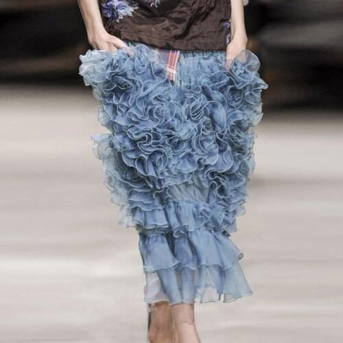 Streetwear Dusty Blue Tulle Midi Skirt 2 Custom Made Ruffles Draped Female Womens Skirts 2020 Special Evening Party Wear