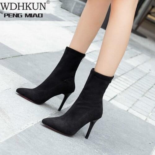 HOT Mid-barrel Boots Elastic Boots Pointed Toe Thin Heels for Women Mujer Black Ankle Stretch Fabric Winter High Heel Boots Rome