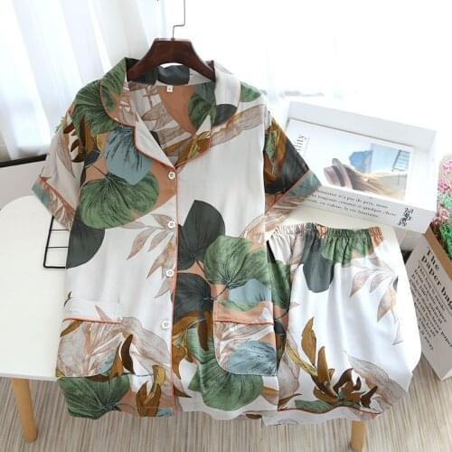 Womens Home Suit Flower Bird Print Thin Short-Sleeved Pajamas 2 Pieces Set Leisure Female Homewear Loose Nightwear Sleepwear