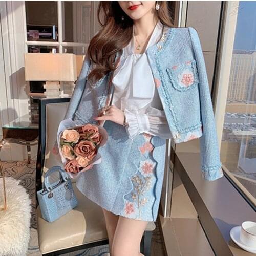 2021 New Summer Preppy Style Tweed 2 Piece Set Women Short Sleeve Jacket Coat+Mini Skirt Suit High Quality Fashion Girl Outfits