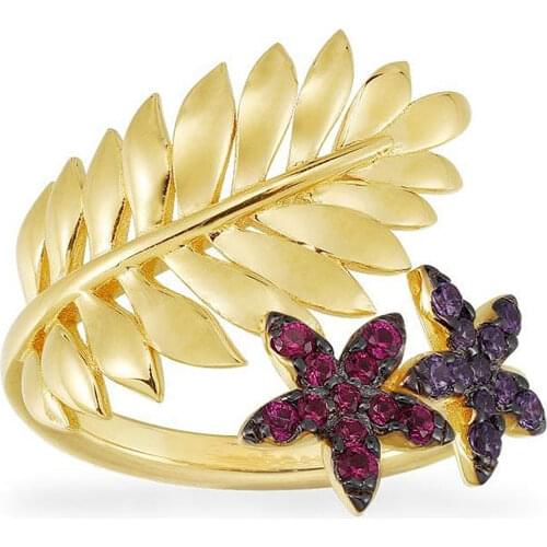 SLJELY High Quality Fahsion Real 925 Sterling Silver Multicolor Tropical Jungle Floral & Palm Leaf Ring Ring Women Brand Jewelry