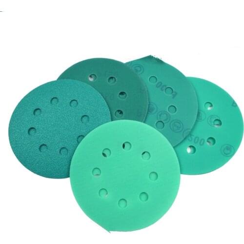 10PCS 5 Inch(125mm) 8-Hole Polyester Film Wet/Dry Hook & Loop Flocking Green Sanding Discs Paint Abrasive Sandpaper, 60#-400