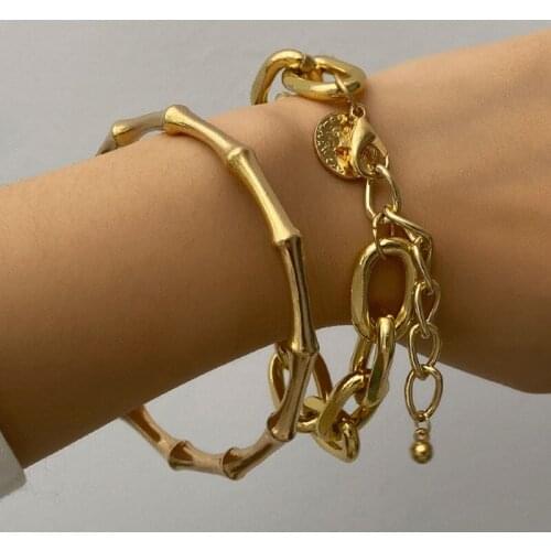 2/Pcs Set Gold Color Metal Chain Link Creative Bamboo Bracelet Bangle 2021 New Fashion Punk Bangle Bracelet Women Party