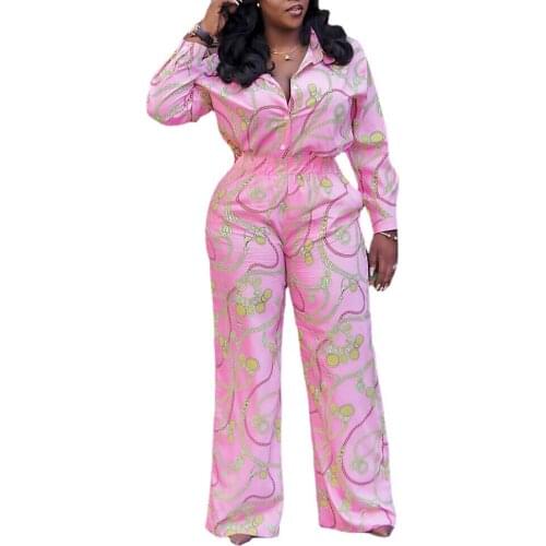 2021 Summer African Women Long Sleeve Printing Pink Long Jumpsuit African Clothes for Women S-5XL