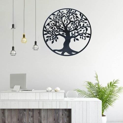 3D Round Wall Hanging Sculpture Decoration 60cm Tree of Life Iron Art Home Room Hanging Ornament Iron Tree Wall Decoration Black